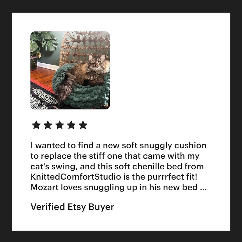 May include: A green knitted cat bed with a cat curled up inside. The bed is made of soft chenille yarn and is perfect for snuggling. The caption reads "I wanted to find a new soft snuggly cushion to replace the stiff one that came with my cat's swing, and this soft chenille bed from KnittedComfortStudio is the purrrfect fit! Mozart loves snuggling up in his new bed... Verified Etsy Buyer"