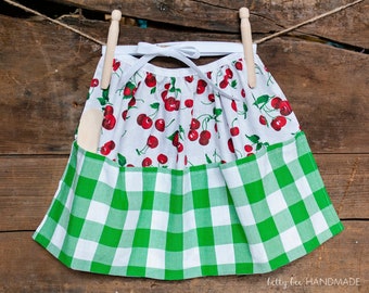 Children's Half Apron, Preschooler Waist Apron, Kids Dress-up Pretend Play, Cherries and Plaid | Ready to Ship