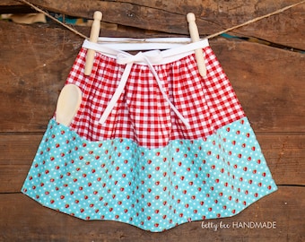 Children's Half Apron, Preschooler Waist Apron, Kids Dress-up Pretend Play, Strawberries and Gingham | Ready to Ship