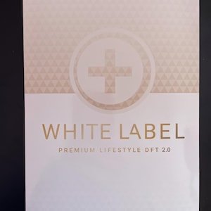 May include: A white and gold brochure with the text "WHITE LABEL PREMIUM LIFESTYLE DFT 2.0". The brochure also includes the text "DERMA FUSION TECHNOLOGY" and a list of benefits including weight management and mood support.