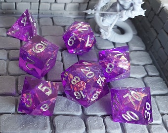 Transparent Purple Resin Dice Set - Sharp Edge DnD RPG Game Dice