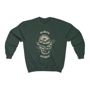 May include: A dark green sweatshirt with a white graphic print of a whale and the text "as above so below".