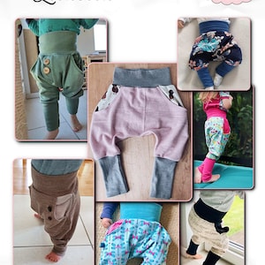 Peut inclure: Un collage de photos pr&eacute;sentant diff&eacute;rents styles de pantalons pour b&eacute;b&eacute;. Les pantalons sont faits de diff&eacute;rents tissus et couleurs, notamment le vert, le rose, le marron, le bleu et le noir. Les pantalons ont des caract&eacute;ristiques uniques comme des poches, des volants et des longueurs de jambes diff&eacute;rentes. Les photos sont dispos&eacute;es en grille et pr&eacute;sentent le texte "Lookbook" et "Ein Horn M&auml;dchen".