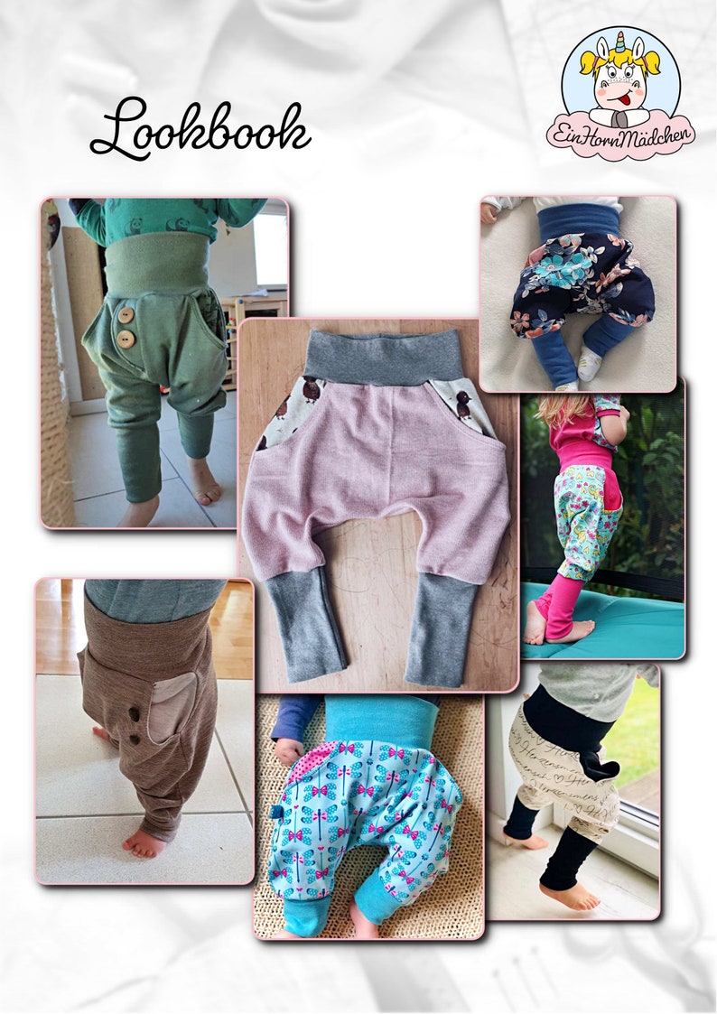 Peut inclure: Un collage de photos pr&eacute;sentant diff&eacute;rents styles de pantalons pour b&eacute;b&eacute;. Les pantalons sont faits de diff&eacute;rents tissus et couleurs, notamment le vert, le rose, le marron, le bleu et le noir. Les pantalons ont des caract&eacute;ristiques uniques comme des poches, des volants et des longueurs de jambes diff&eacute;rentes. Les photos sont dispos&eacute;es en grille et pr&eacute;sentent le texte "Lookbook" et "Ein Horn M&auml;dchen".
