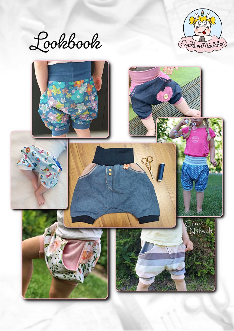Peut inclure: Un collage de six photos pr&eacute;sentant diff&eacute;rents styles de shorts pour b&eacute;b&eacute;s et tout-petits. Les shorts sont faits de diff&eacute;rents tissus, dont le denim, l'imprim&eacute; floral et les pois. Les photos sont dispos&eacute;es en grille, avec le texte "Lookbook" en haut et "Caro's N&auml;hwelt" en bas.