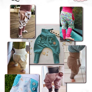 Peut inclure: Un collage de photos pr&eacute;sentant diff&eacute;rents styles de pantalons pour b&eacute;b&eacute;. Les pantalons sont faits de diff&eacute;rents tissus et couleurs, notamment le bleu sarcelle, le rose, le marron et le blanc. Les pantalons pr&eacute;sentent des d&eacute;tails uniques comme des poches, des boutons et des ceintures &eacute;lastiques. Le texte "Lookbook" est affich&eacute; en haut du collage.