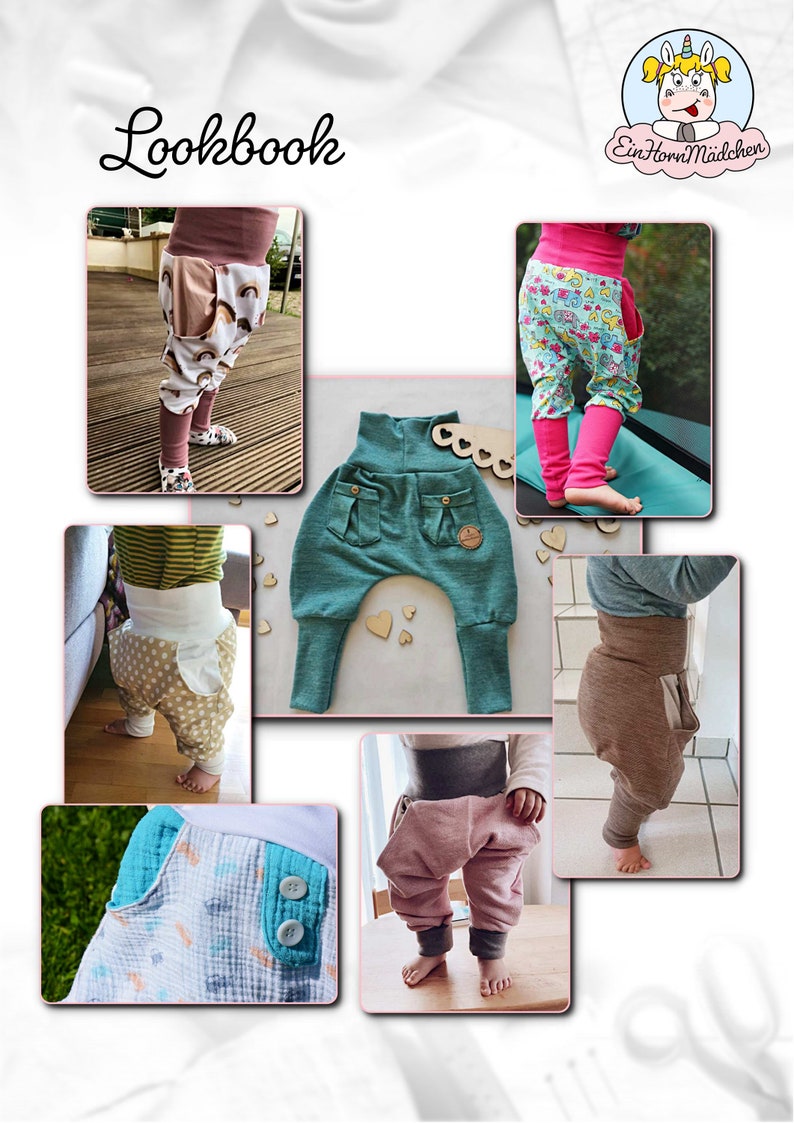 Peut inclure: Un collage de photos pr&eacute;sentant diff&eacute;rents styles de pantalons pour b&eacute;b&eacute;. Les pantalons sont faits de diff&eacute;rents tissus et couleurs, notamment le bleu sarcelle, le rose, le marron et le blanc. Les pantalons pr&eacute;sentent des d&eacute;tails uniques comme des poches, des boutons et des ceintures &eacute;lastiques. Le texte "Lookbook" est affich&eacute; en haut du collage.