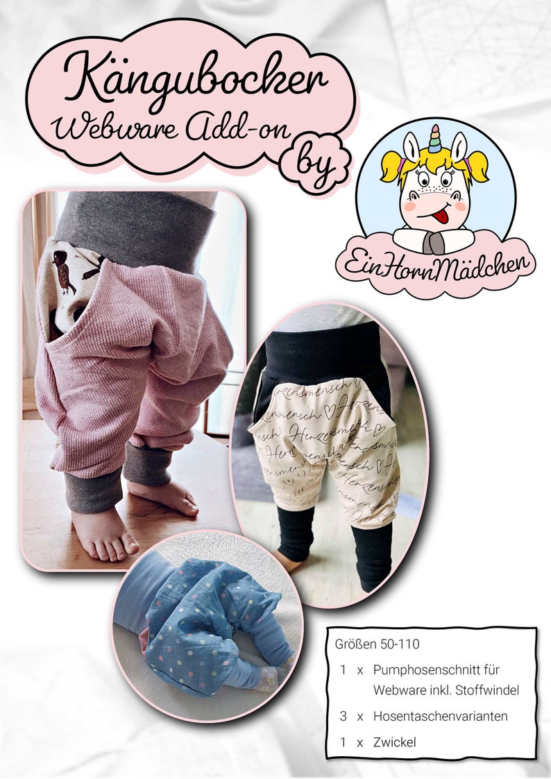 Peut inclure: Un patron de couture pour K&auml;ngubocker webware add-on par Ein Horn M&auml;dchen. Le patron comprend un patron de pumphosen, trois variantes de poches et un gousset. Le patron est pour les tailles 50-110 cm.