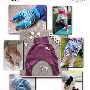 Peut inclure: Un lookbook pr&eacute;sentant cinq styles diff&eacute;rents de pantalons pour b&eacute;b&eacute;. Les pantalons sont faits de diff&eacute;rents tissus et couleurs, notamment le marron, le violet, le bleu et le gris. Les pantalons ont un design unique avec une grande poche &agrave; l'arri&egrave;re. Le lookbook est intitul&eacute; "Lookbook" et pr&eacute;sente le logo "Ein Horn M&auml;dchen".