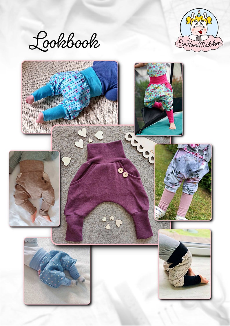 Peut inclure: Un lookbook pr&eacute;sentant cinq styles diff&eacute;rents de pantalons pour b&eacute;b&eacute;. Les pantalons sont faits de diff&eacute;rents tissus et couleurs, notamment le marron, le violet, le bleu et le gris. Les pantalons ont un design unique avec une grande poche &agrave; l'arri&egrave;re. Le lookbook est intitul&eacute; "Lookbook" et pr&eacute;sente le logo "Ein Horn M&auml;dchen".
