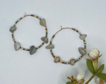 Beaded hoop earrings gold filled hoops semi precious stones