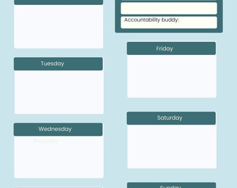 May include: A teal and white workout planner with sections for weekly goals, accountability buddy, and workout plans for each day of the week.