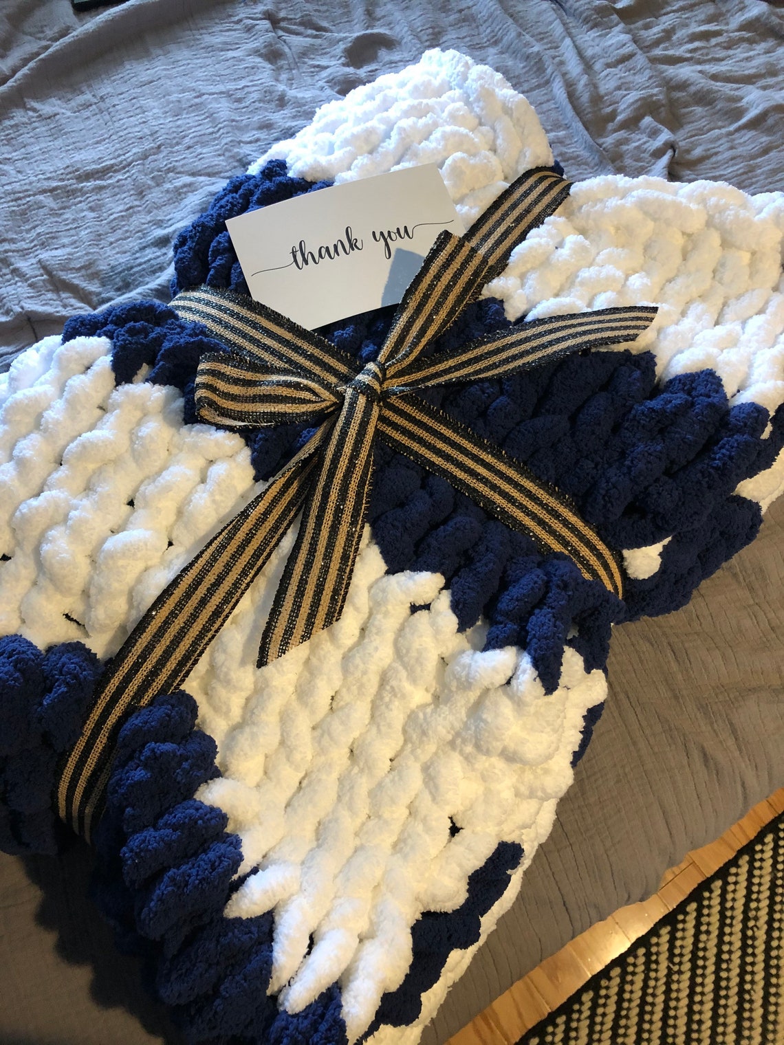 Navy and white Chunky knit blanket Etsy