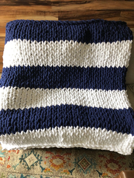 Navy and white Chunky knit blanket Etsy