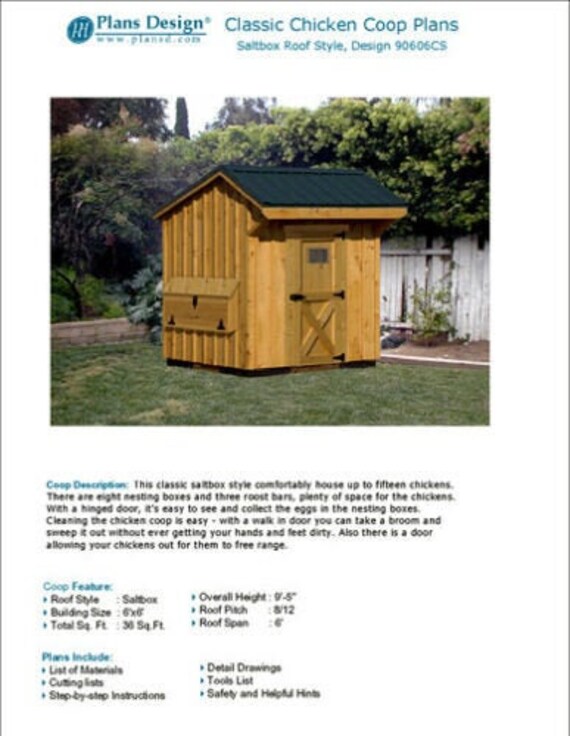 Chicken Coop Plans 6 By 6 Duck Hen House Saltbox Roof Etsy