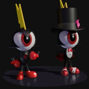 Puede incluir: Dos personajes de dibujos animados renderizados en 3D con un solo ojo grande. El personaje de la izquierda tiene un rayo amarillo en la cabeza y lleva guantes de boxeo rojos. El personaje de la derecha lleva un sombrero de copa negro con una flor rosa, un esmoquin negro y zapatos rojos.