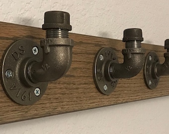 Industrial Pipe Farmhouse Coat & Towel Rack Hanger of Red Oak Hardwood and Black Steel Pipe With Concealed Mounting for Entryway or Hall