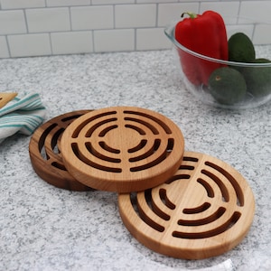 Hardwood Trivet In Walnut, Beech or Maple.  Six or Eight Inch Circular Piece with Bullseye Design For Kitchen and Dining Room