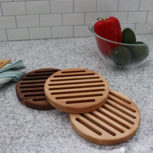 Hardwood Trivet In Walnut, Beech or Maple.  Six or Eight Inch Circular Piece with Line Design For Kitchen and Dining Room