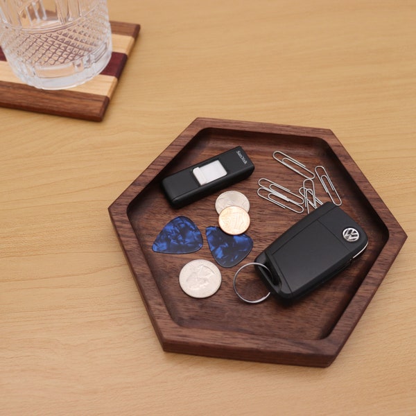 Black Walnut Hexagon Valet, Dest Tray & Catch All Tray