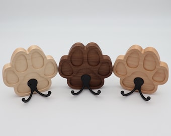 Dog Paw Leash & Key Hook Hanger, Wall Mounted With Mounting Screw in Beech, Walnut or Maple