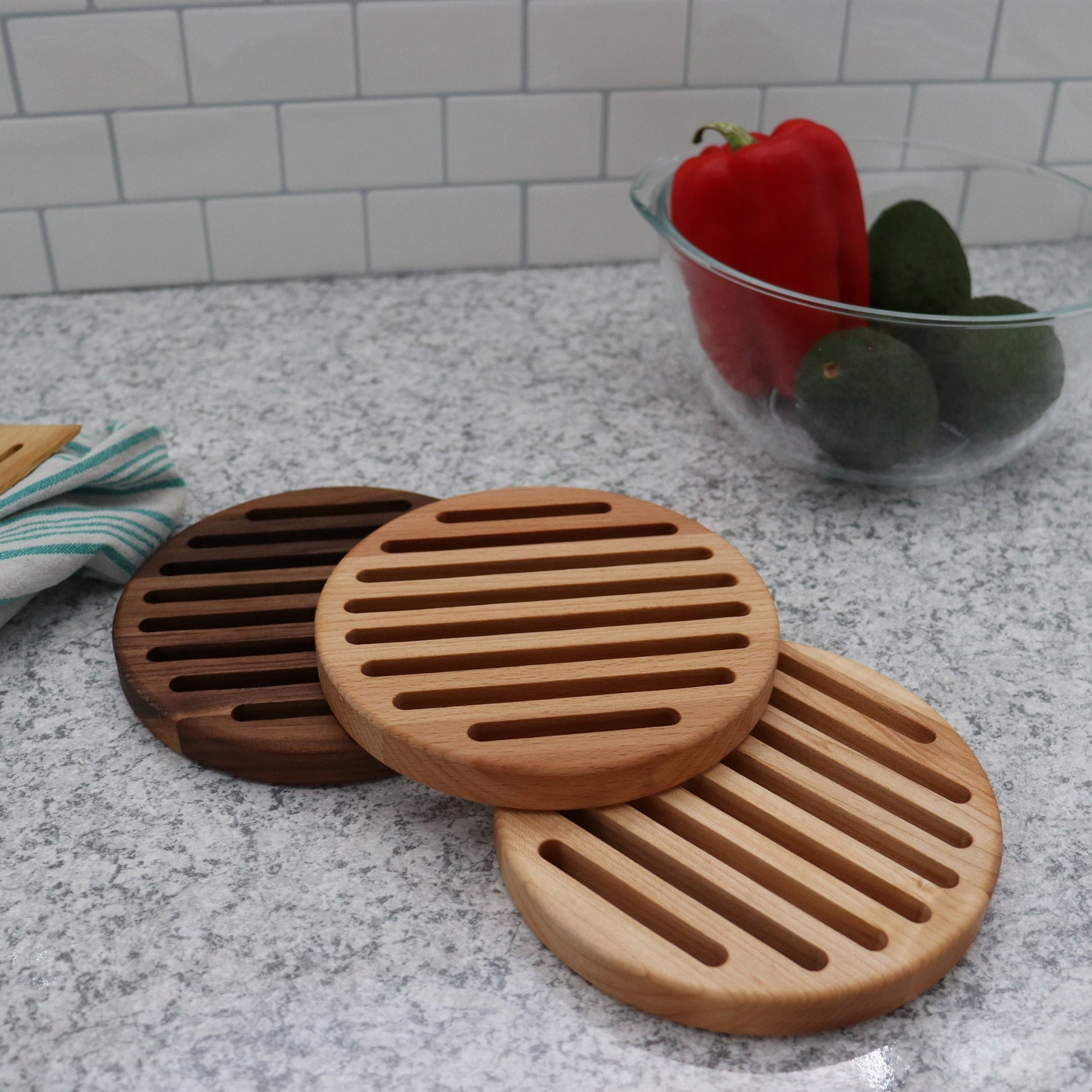 Hardwood Trivet In Walnut, Eight Inch Circular Piece with Line Design