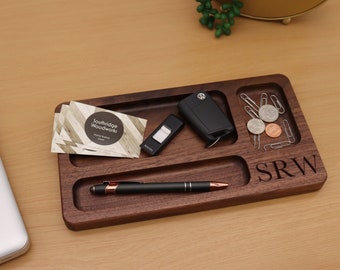 Personalized Black Walnut Valet Tray with Initials for Every Day Carry Items, Coins, Keys and Glasses