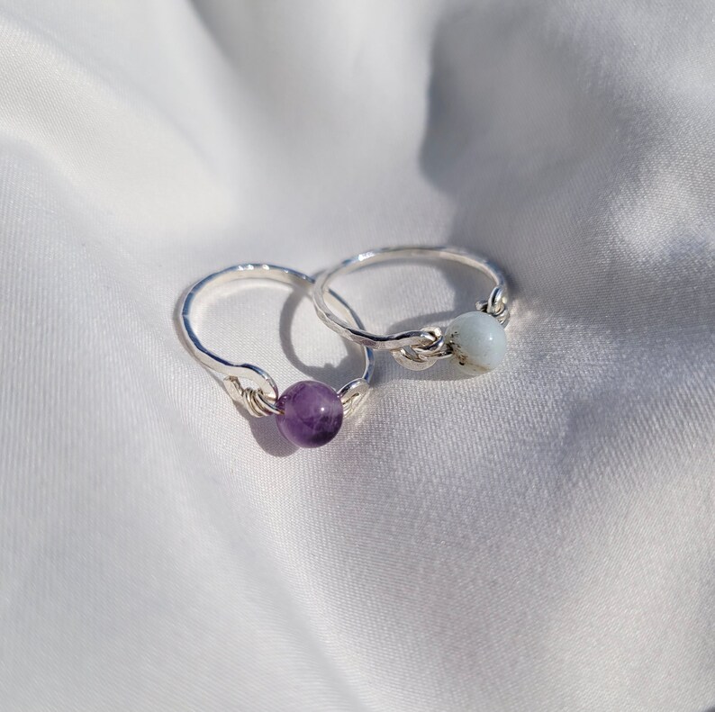 Size 7.5 Sterling Silver Gemstone Ring Textured 925 Sterling Silver Band Wire Wrapped Gemstone Bead