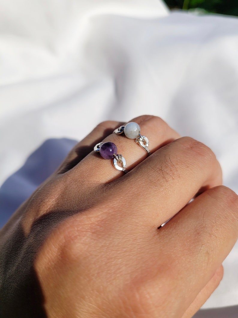 Size 7.5 Sterling Silver Gemstone Ring Textured 925 Sterling Silver Band Wire Wrapped Gemstone Bead