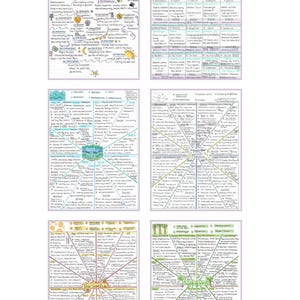 Może przedstawiać: Zestaw sześciu edukacyjnych arkuszy referencyjnych z ręcznie rysowanymi diagramami i tekstem szczegółowo opisującym znaczenie kart tarota. Tabele zawierają podróż Wielkich Arkanów, tabelę Wielkich Arkanów oraz sekcje dla kielichów, mieczy, monet i buław.