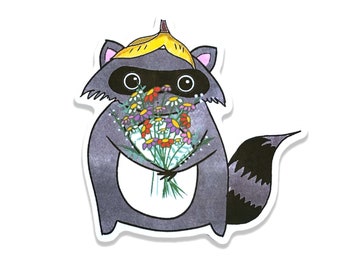 Waschbär Vinyl Aufkleber | Papierkorb Panda mit Blumen