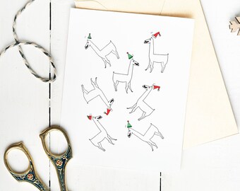 santa llamas | holiday greeting card | handmade | blank inside | 5" x 7"