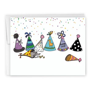 rat d'anniversaire dans une carte de chapeau | jolie carte de chapeaux d’anniversaire | carte d’anniversaire de confettis | chapeaux de fête | anniversaire d'amant de rat