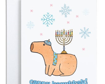 happy cappy hanukkah | cute capybara hanukkah card | capybara hanukkah gift | chanukah cards | capybara and menorah card