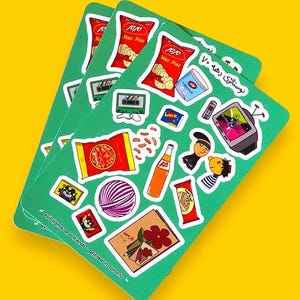 3 persian nostalgia sticker sheets against a yellow background. the farsi text on top translates to "90s nostalgia"