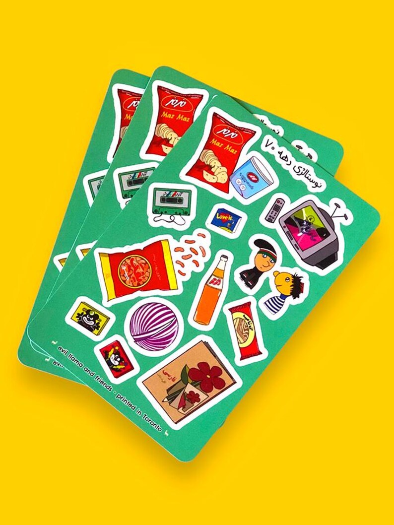 3 persian nostalgia sticker sheets against a yellow background. the farsi text on top translates to "90s nostalgia"