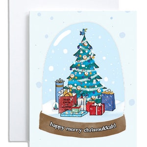 happy merry chrismukkah card | christmas hanukkah | happy holidays snow globe card | cute christmas tree - hanukkah bush | happy hanukkah