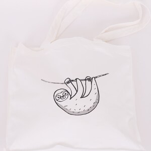 sloth tote bag, funny canvas tote, cute sloth bag, cartoon animal tote, fun birthday gift, screen printed bag, quirky unique gift for mom