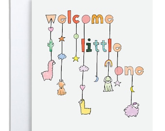 welcome little one, cute new baby card, welcome to the world, congratulations baby, card for new parents, gift for mom to be, baby mobile