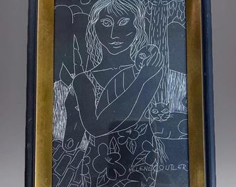 Original Scratchboard Art Woman Child Framed Signed 7.5"