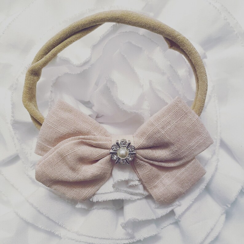 Linen Bow infant headband neutral color Hair bows rhinestone bow little girl toddler infant beautiful spring bows Linen headband