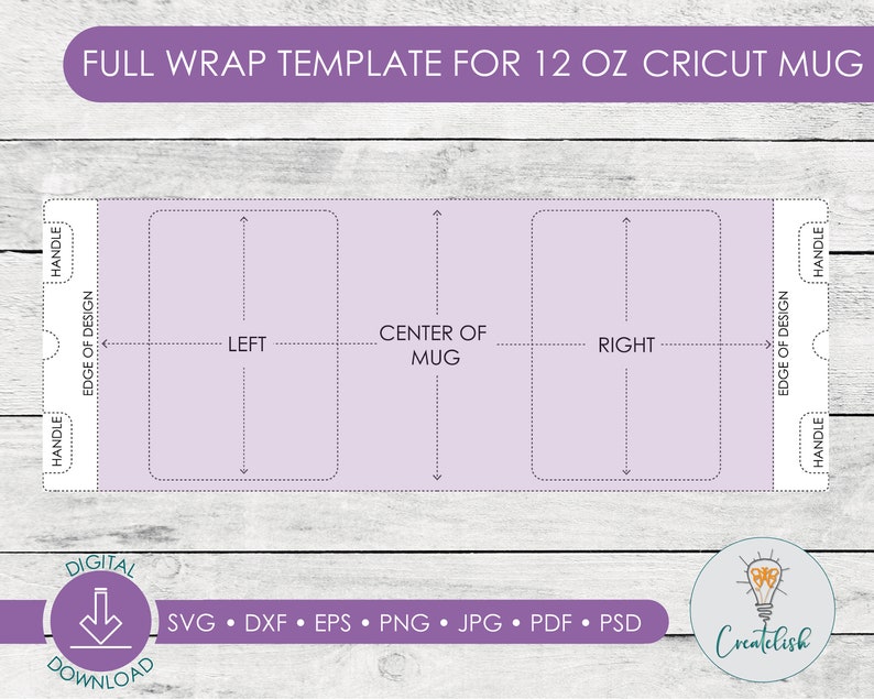 May include: A template for a 12 ounce Cricut mug, showing the placement of the design on the mug. The template is divided into three sections: left, centre, and right. The centre section is labelled "Centre of Mug". The template also shows the placement of the handle and the edge of the design.