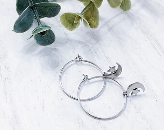 Moon and Stars Earrings, Celestial Earrings, Moon Hoop Earrings, Star Hoop Earrings, Crescent Moon Earrings, Stainless Steel Earrings