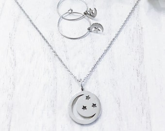 Moon and Stars Necklace, Celestial Necklace, Moon Necklace, Star Necklace, Crescent Moon Necklace, Stainless Steel Necklace, Moon Jewelry