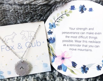 Mountain Strength Pendant Necklace, Perseverance, Inspirational Quotes, Stainless Steel, Hand-Stamped Customizable, Personalized