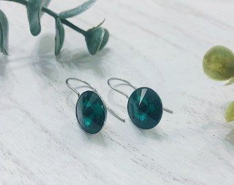 Emerald Swarovski Dangle Earrings, Emerald Swarovski Crystal Earrings, Christmas Earrings, Holiday Earrings, May Birthstone Earrings