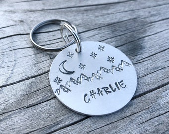 Mountain Pet Tag, Pet ID Tag, Stars and Moon Dog/Cat Tag, Strong Metal Pet ID Tag, Hand-Stamped and Customizable, Personalized.