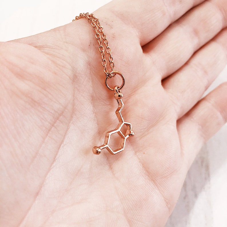 Geeky Chemist Necklace Molecule Necklace Happiness Necklace Serotonin Necklace /& Earrings Rose Gold Chemistry Necklace Nerdy Necklace