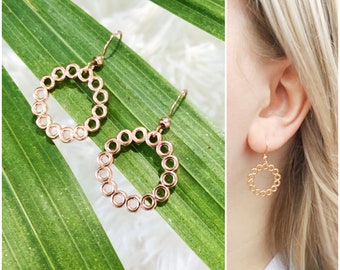 Dainty Rose-Gold Earrings, Drop Hoop Earrings, Elegant Circle Dangle Earrings, Geometric Earrings