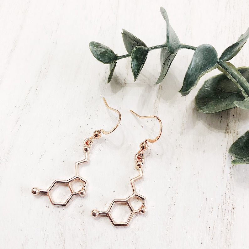 Geeky Chemist Necklace Molecule Necklace Happiness Necklace Serotonin Necklace /& Earrings Rose Gold Chemistry Necklace Nerdy Necklace